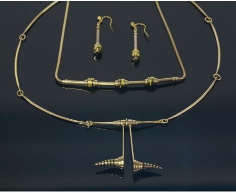 A 9ct gold and enamel necklace, c.1980,attributed to Amitai Givertz, composed of an articulated centrepiece of parallel bars 