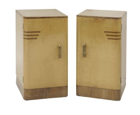 A pair of Art Deco satinwood and walnut inlaid pot cupboards,each enclosing a drawer and a shelf,35cm wide38cm deep66.5cm hig
