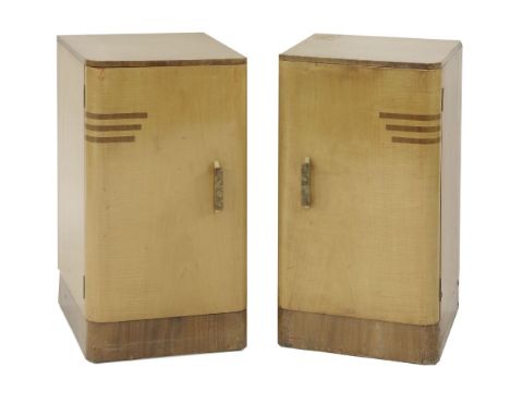 A pair of Art Deco satinwood and walnut inlaid pot cupboards,each enclosing a drawer and a shelf,35cm wide38cm deep66.5cm hig