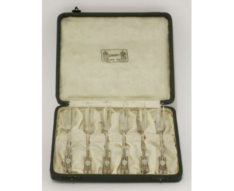 A set of six silver Liberty & Co. cake forks,designed by Archibald Knox for Liberty & Co., Birmingham 1931,13cm, in a fitted 