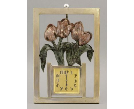 An Art Deco silver-plated wall clock,the clock surmounted by agate tulips, the gilt coloured dial inscribed 'Bielle Alger Jus