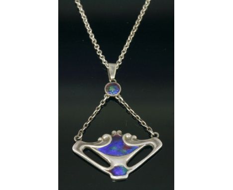 A sterling silver and enamel pendant,by Charles Horner, Chester, 1909, a triangular open whiplash pendant with blue, plum and