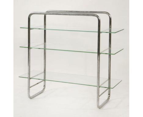 A tubular chrome shelf,after a design by Marcel Breuer, with three glass shelves,67cm wide32cm deep77.5cm high