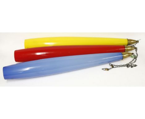An Italian three-colour glass hanging light,1950s, in yellow, red and blue,95cm high (3)
