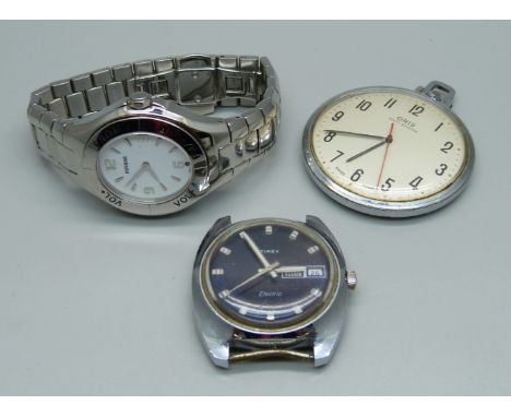 An Oris pocket watch, a Timex Electric wristwatch with day/date and a Phonak Hearing Systems wristwatch (smart watch and Phon
