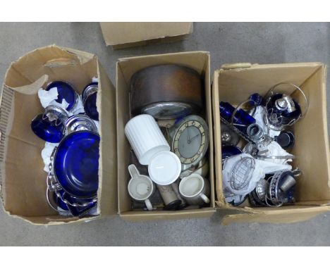 Three boxes; a collection of chrome mounted blue glass, two clocks, a Coalport pot, cream and sugar, butter knives, tea caddy
