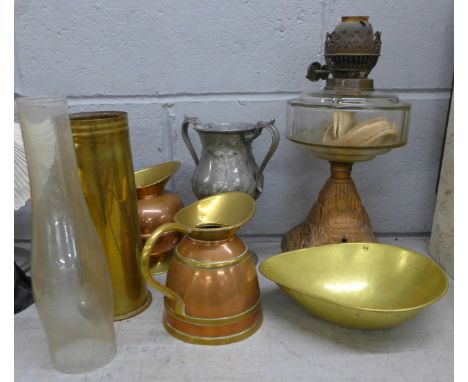 Copper ware, a pewter goblet and a paraffin lamp **PLEASE NOTE THIS LOT IS NOT ELIGIBLE FOR POSTING AND PACKING** 