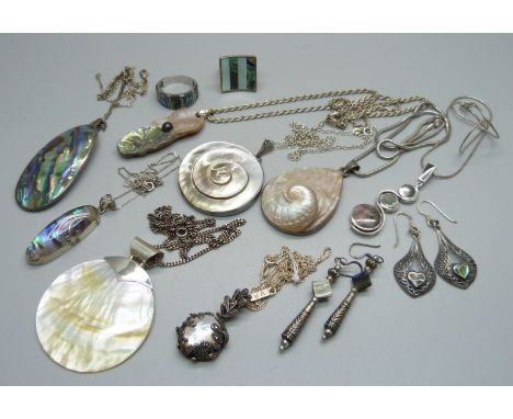 A collection of silver and abalone/mother of pearl jewellery, pendants with chains, two rings and earrings 