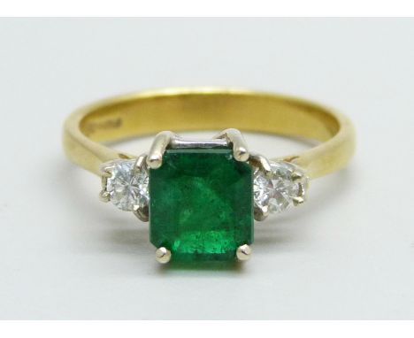 An 18ct gold and emerald ring with diamond shoulders, emerald approximately 6mm x 6mm, 3.3g, L 