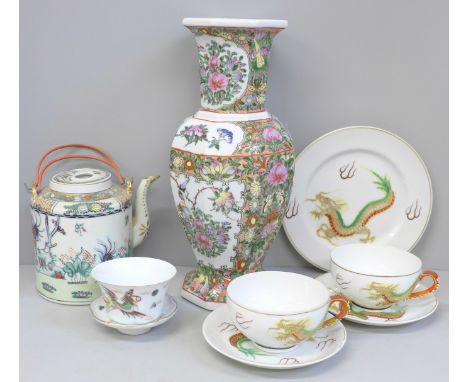 A Chinese teapot, oriental vase, cup and saucer, two Geisha girl cups, saucers and a side plate 