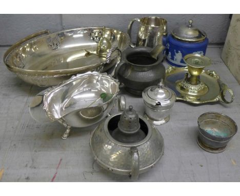 A Wedgwood Jasperware preserve pot, a chamber stick, plated ware and pewter **PLEASE NOTE THIS LOT IS NOT ELIGIBLE FOR POSTIN