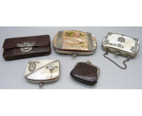 Five small purses including mother of pearl 