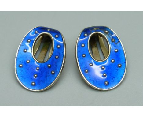 A pair of blue enamel and silver gilt Norwegian clip-on earrings by Oscar Balle, circa 1950, enamel a/f 