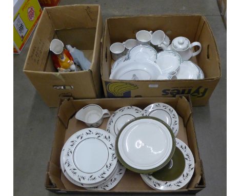 Three boxes of mixed china including a Royal Doulton Juno pattern dinner and tea service, Crown Devon  Fieldings dinner servi