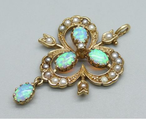 A 9ct gold, opal and seed pearl drop pendant, 4.7g, 23mm wide 
