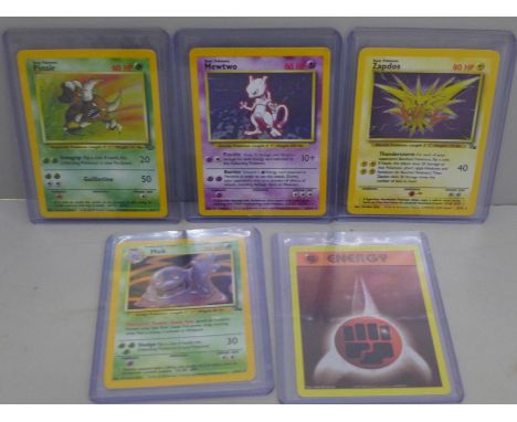 Five vintage holographic Pokemon cards 