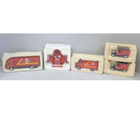 Five Corgi Royal Mail Millennium die-cast vehicles including Futuristic vehicle, Model T Ford x2, a Mercedes 207D van and a S