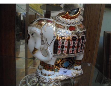 Royal Crown Derby Model of Indian Elephant, collectors club with gold button, L111.