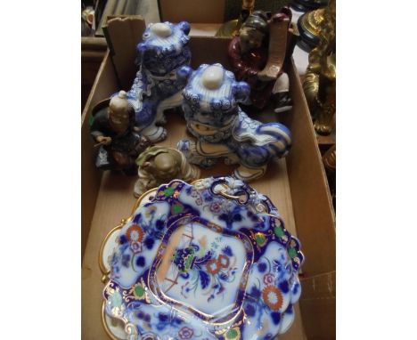 Collection of Chinese items, ceramics, pottery, two mythical dragons, fisherman, Buddha, ceramic plates and bowls.