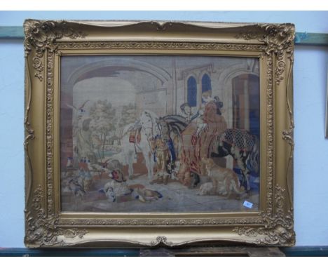 Large tapestry classical picture of nobleman and ladies in Castle Courtyard in extremely heavy gilt gold frame