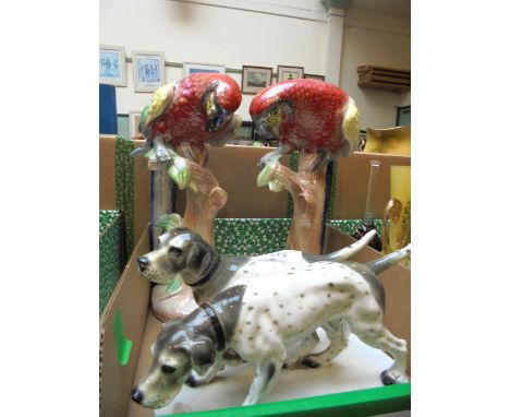 Pair of ceramic parrots on branches marked JEMA-Holland at the base, together with ceramic pair of hounds on stand, continent