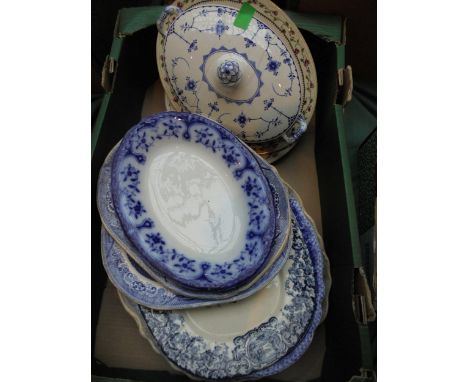 Large box of ceramic meat serving dishes, plates and tureen