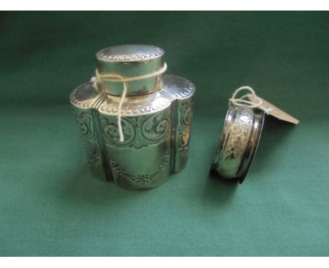 Small lidded pot, Sheffield 1900, nicely decorated. Plus a mid-twentieth century napkin ring, Chester.