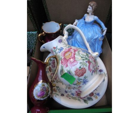 Small ceramic toilet bowl and jug, Coalport figure of lady and 2 other items
