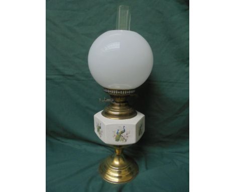 Oil lamp, brass and porcelain with flower design and glass shade and funnel