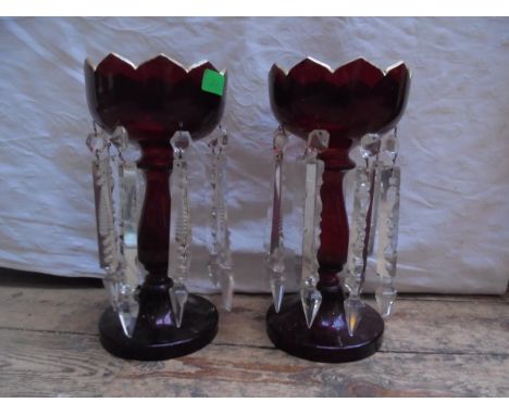Fine pair of ruby glass Lustres complete with hanging angled stems on wire.