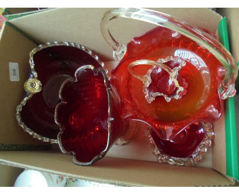 Ruby vase and plate matching, together with two (one large one small) glass-handled centre piece and smaller ruby glass item.