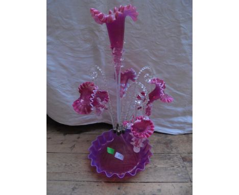 Superb epergne in cranberry glass of large proportions with central base, large raised centre stem, three matching side stems
