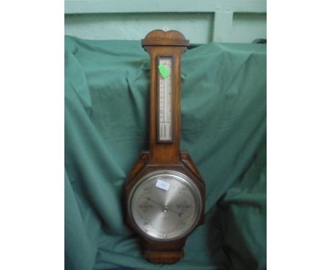 Oak banjo style barometer with thermometer, appears to be working, ex. Owen & Robinson Ltd, Leeds