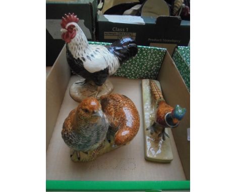 Two Beswick figures, one being a pheasant and the other a pair of grouse, with additional ceramic chicken.