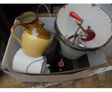Large box containing amount of old kitchen enamel ware, glass demijohn, saucepan and burner