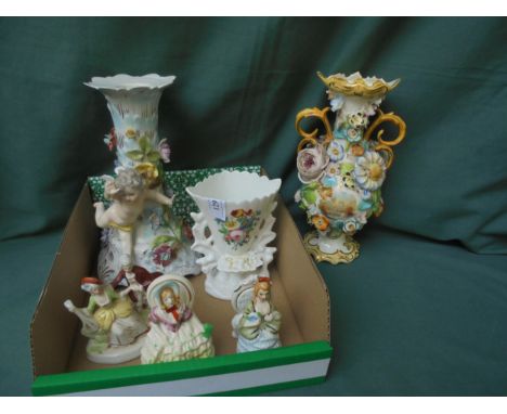 2 highly decorated jugs, candlestick and 3 small figurines 