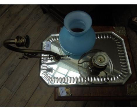 Wall mounted Victorian mirror with inset oil lamp and blue shade for repair.