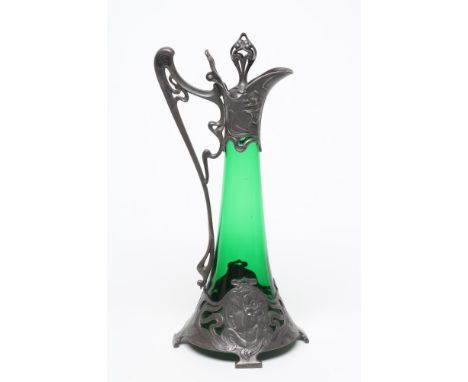 A WMF MOUNTED GREEN GLASS WINE EWER, early 20th century, of swept cylindrical form, the hinged cover with cast and pierced fi