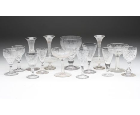 A COLLECTION OF GEORGIAN AND LATER WINE, CORDIAL AND OTHER GLASSES, mainly with etched or cut decoration, including a pair of