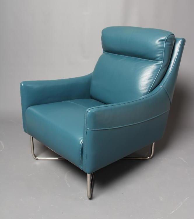 A Violino Teal Blue Leather Armchair Modern The Cushioned Back With Straight Top Rail Downswep