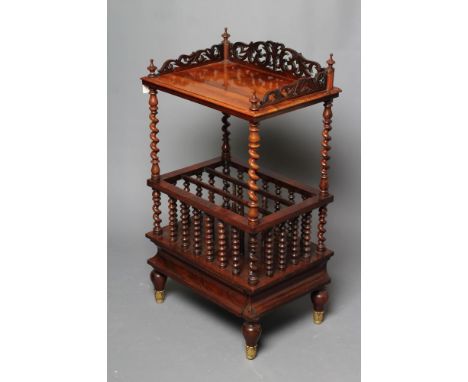 A VICTORIAN ROSEWOOD CANTERBURY WHATNOT, of two tier oblong form, the moulded edged upper shelf on spiral twist supports and 