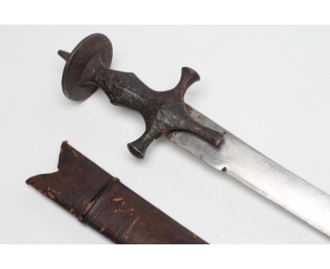 AN INDIAN TALWAR, with 31 3/4" curved blade, typical hilt with white metal decoration, spiked pommel and leather covered wood