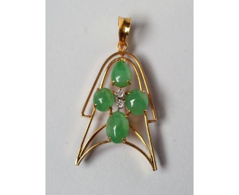 A MODERN PENDANT, the rounded open arrowhead claw set with four cabochon polished small jade beads centred by two small diamo