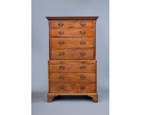 A GEORGIAN MAHOGANY CHEST ON CHEST, third quarter 18th century, the dentil moulded cornice over two short and three long draw