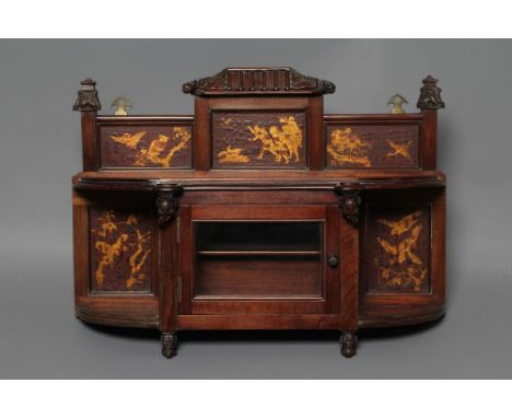 AN AESTHETIC CHINOISERIE MAHOGANY WALL BRACKET, late 19th century, of two tier oblong form with gilt and lacquered panels dep