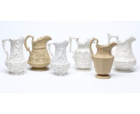 A COLLECTION OF SIX EARLY VICTORIAN SMEAR GLAZED STONEWARE JUGS, comprising a Charles Meigh "Gothic Apostles" octagonal jug, 