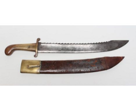 AN IMPERIAL RUSSIAN PIONEER SWORD, with 19 1/2" saw-back, wide fullered and curved blade, brass scroll cross guard dated 1832