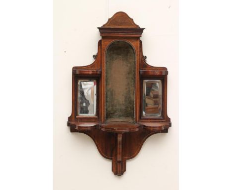 AN EDWARDIAN ROSEWOOD WALL BRACKET, with stringing and applied gilt banding, the raised centre section with arched surmount a