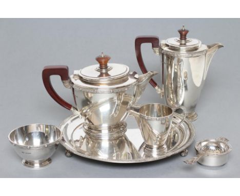 A FIVE PIECE TEA SERVICE, maker Adie Bros., Birmingham 1959 (teapot) and 1960, of rounded cylindrical form on a stepped foot,