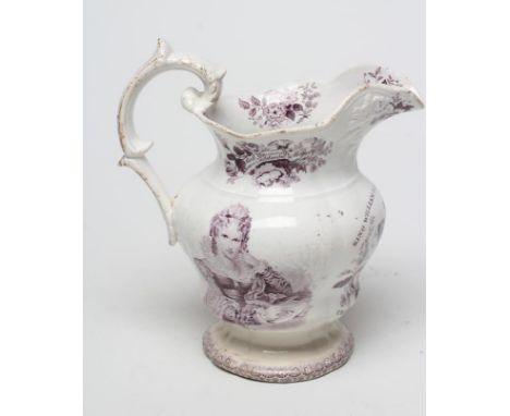 OF ROYAL INTEREST - a pottery jug of lobed baluster form printed in underglaze lilac with a half length portrait of "His Most